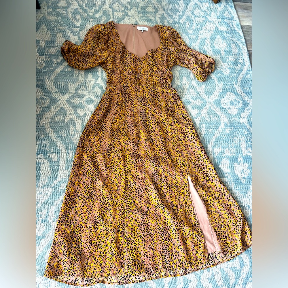 Wayf Yellow Brown Slit Sundress
